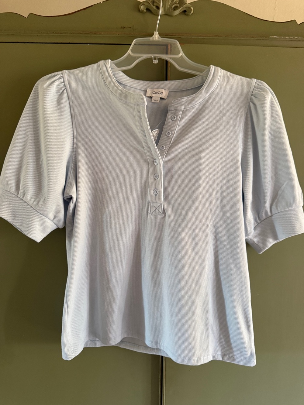 CeCe Light Blue Ribbed Henley Top with Puff Sleeves